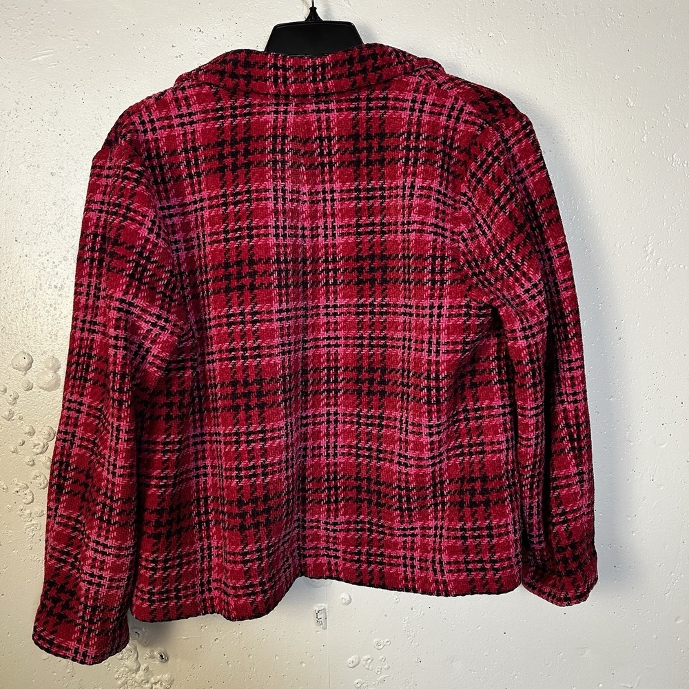 J. Jill Chenille Plaid Blazer Jacket Cherry Multi Pink Open Front NWOT Large - Picture 2 of 10